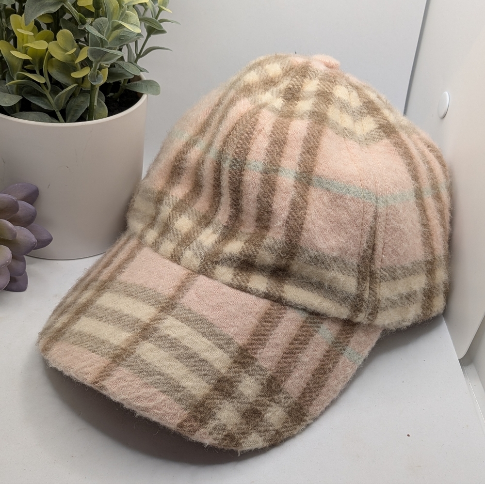 Burberry London 100% Cashmere Candy  Pink Plaid Nova Check Baseball Cap Hat